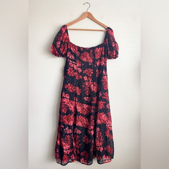 Lulus Red Black Floral Midi Puff Sleeve Dress Dark Romantic Cocktail Sheer L - Picture 7 of 10